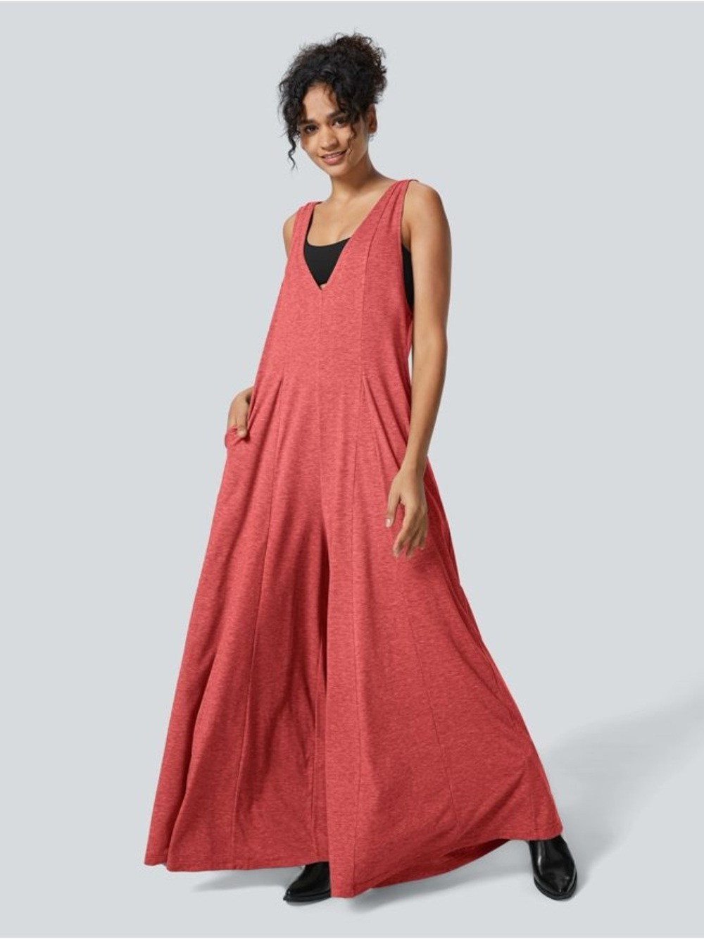 Halara V Neck Pocket Draped Wide Leg Flowy Casual Jumpsuit XS